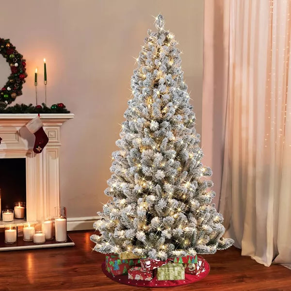 6.5ft Puleo Pre-lit Flocked Virginia Pine Christmas Tree with 300 Clear Incandescent Lights: Hypoallergenic, Easy Assembly