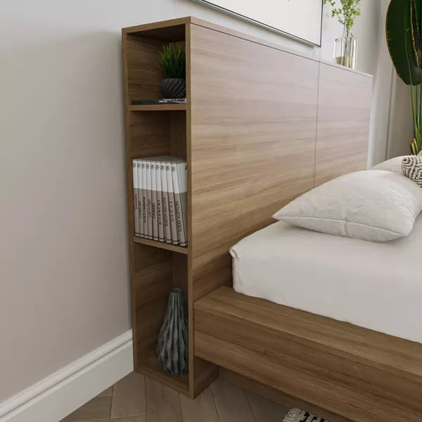 Nexera Queen Marconi Headboard Brown Oak: Engineered Wood with Side Storage Shelves