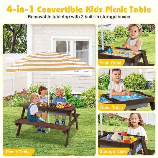 Costway 3-in-1 Kids Picnic Table Wooden Outdoor Sand & Water Table with Umbrella Play Boxes Brown
