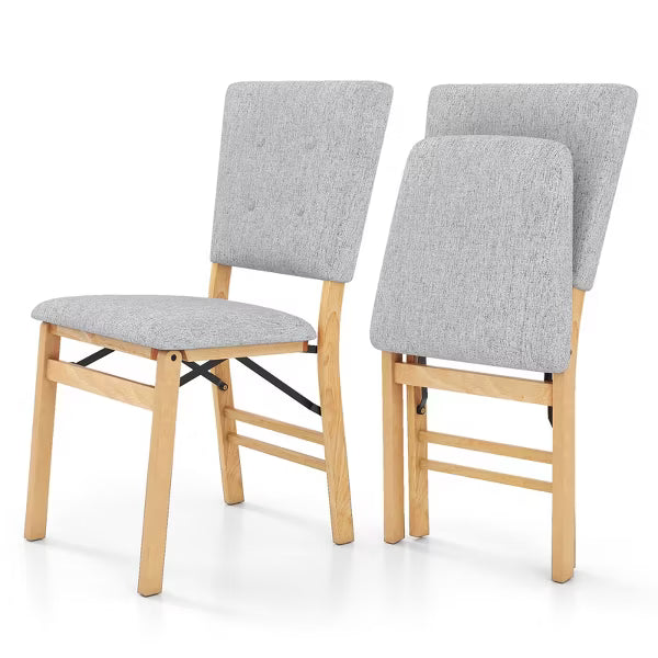 Costway Foldable Dining Chair Set of 2 w/Padded Seat & Tilt Backrest Rubber Wood Legs Grey