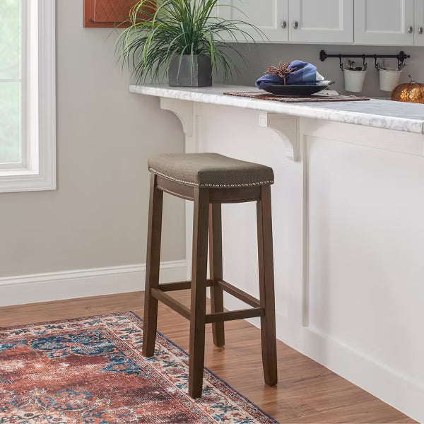 Claridge Backless Nailhead Saddle Barstool Rustic - Linon: Upholstered, Rubberwood Frame, Fixed Height