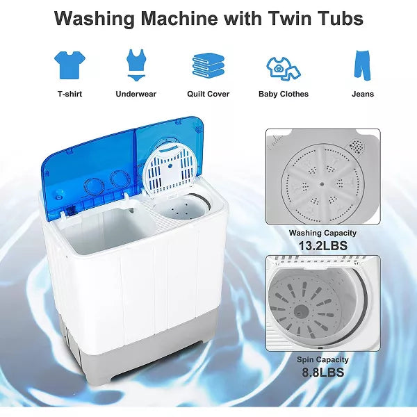 Costway Portable Twin Tub Washing Machine Washer(13.2lbs) & Spinner (8.8lbs) Grey\Blue