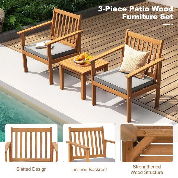 Costway 3 PCS Patio Wood Furniture Set Acacia Wood Chairs & Coffee Table with soft Cushions Grey/White