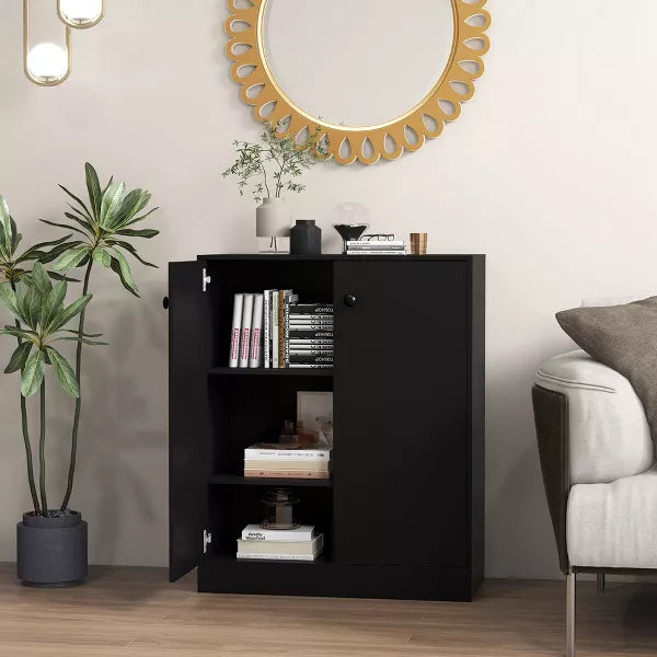 2-Door Storage Cabinet Freestanding Storage Organizer with 3-Tier Shelf Entryway Black/Brown