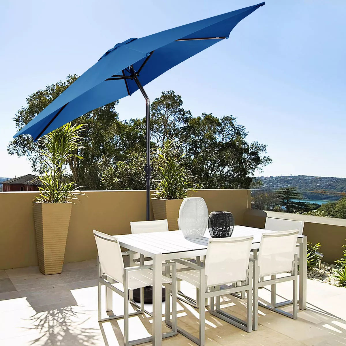 9FT Patio Umbrella Patio Market Steel Tilt W/ Crank Outdoor Yard Garden Blue