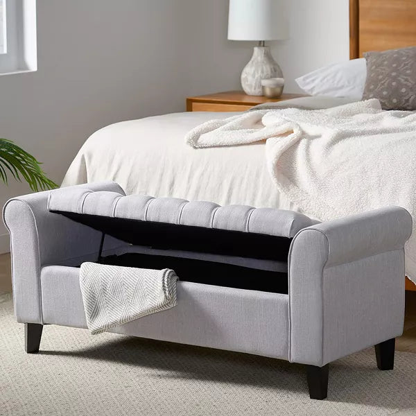 Fabric Storage Ottoman, Modern Button Tuft Storage Bench With Rolled Arms, Soft Entryway Ottoman With Sturdy Legs