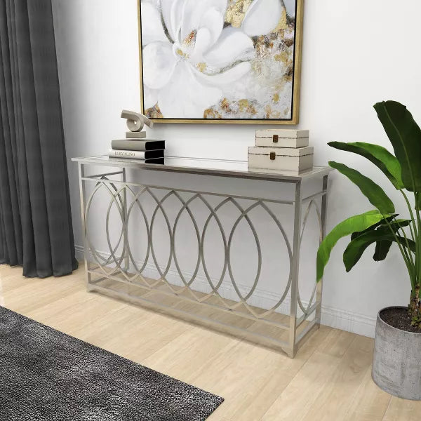 Metal and Mirror Trellis Design Front and Sides Console Table Silver - Olivia & May