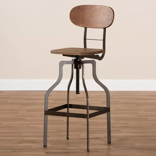 Varek Wood and Rust Finished Steel Adjustable Swivel Barstool Brown - BaxtonStudio: Modern Upholstered, Spot Clean, Metal Frame