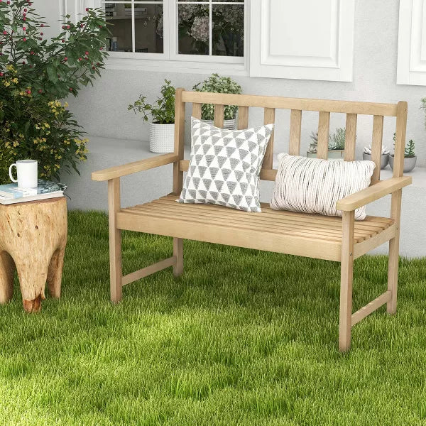 Costway Indonesia Teak Wood Garden Bench 2-Person Patio Bench with Backrest & Armrests Natural