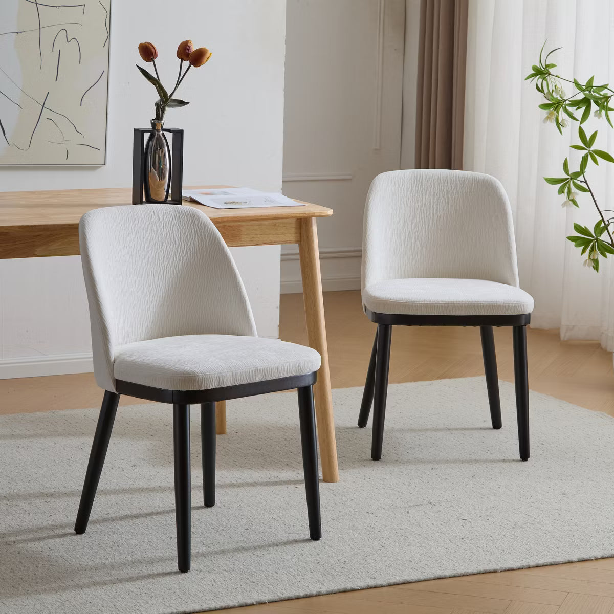 Christopher Knight Home Horizon Mid-Century Modern Upholstered Dining Chairs with Curved Backrest (Set of 2), Beige/Black