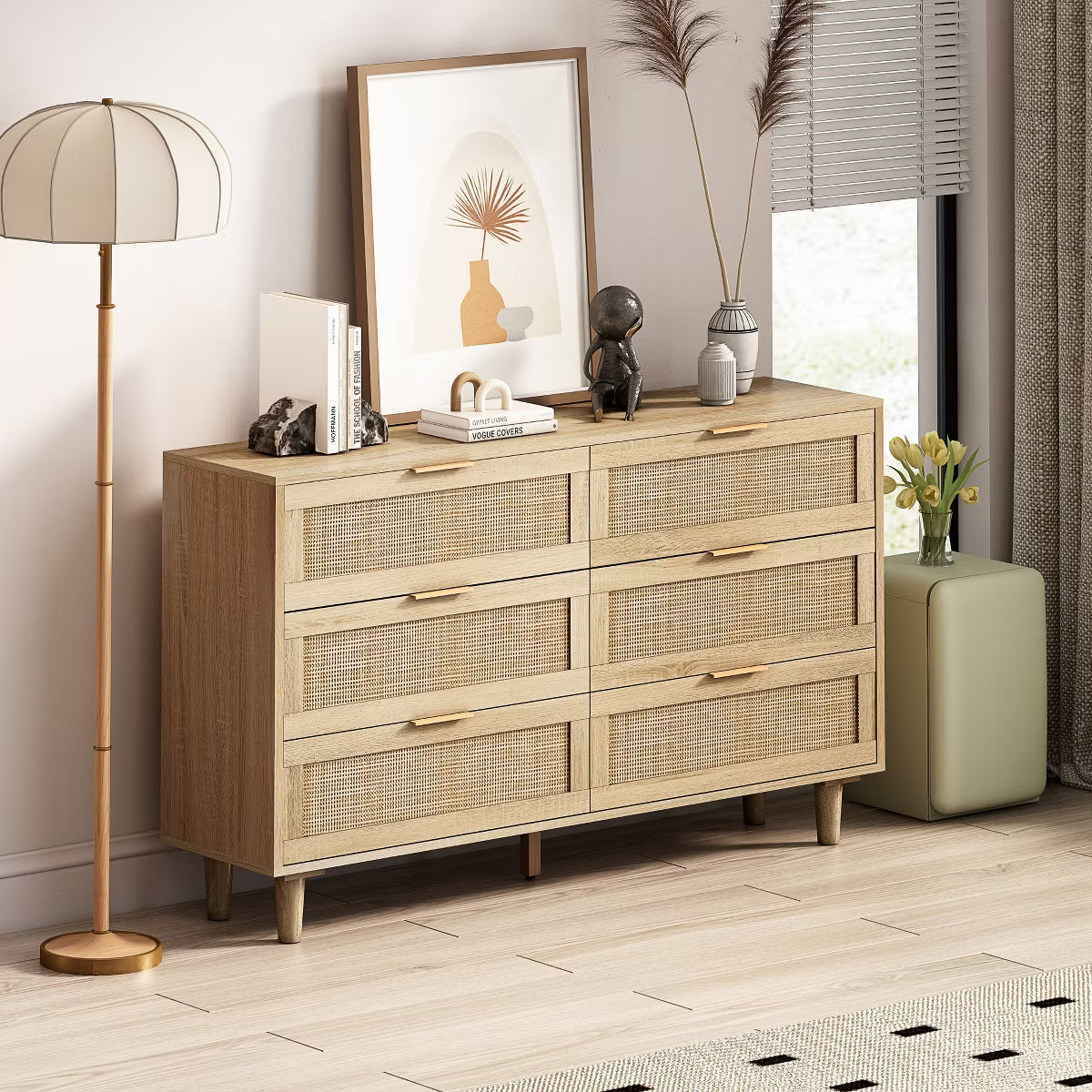 51.18" 6-Drawer Rattan Dresser, Storage Cabinet for Living Room and Bedroom, Natural - ModernLuxe