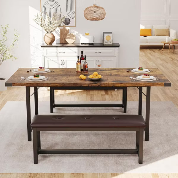 Nasitip 3-Piece Extendable Wooden Dining Set,Stretchable Table with 2 Upholstered Benches, Dining Table Set for 4-6, Space-Saving Retro Farmhouse Set