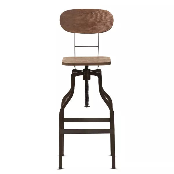 Varek Wood and Rust Finished Steel Adjustable Swivel Barstool Brown - BaxtonStudio: Modern Upholstered, Spot Clean, Metal Frame