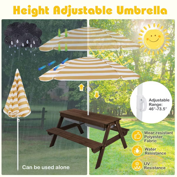 Costway 3-in-1 Kids Picnic Table Wooden Outdoor Sand & Water Table with Umbrella Play Boxes Brown