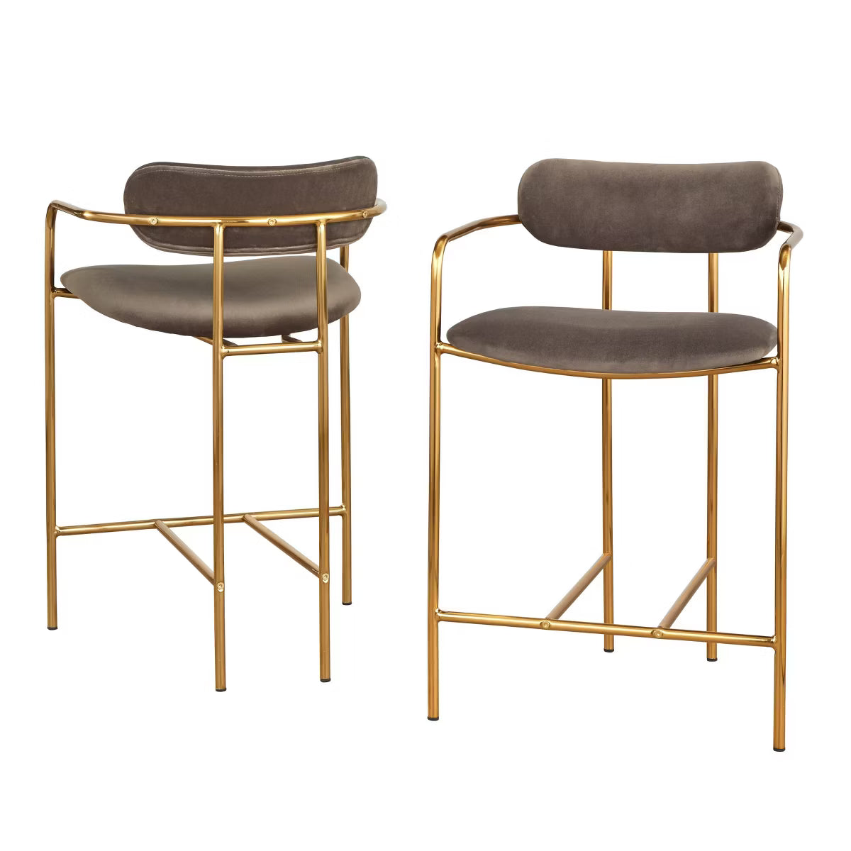 Buylateral Set of 2 Retro Velvet 24" Counter Height Barstools Gray: Gold Frame, Padded Back