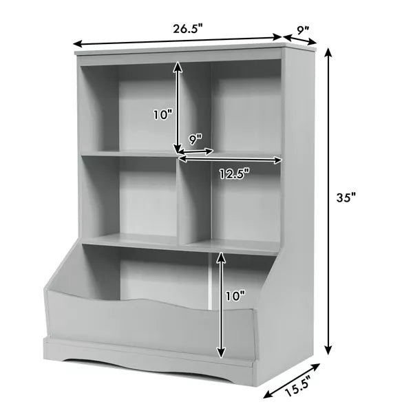 Costway 3-Tier Children's Multi-Functional Bookcase Toy Storage Bin Floor Cabinet GreyWhite