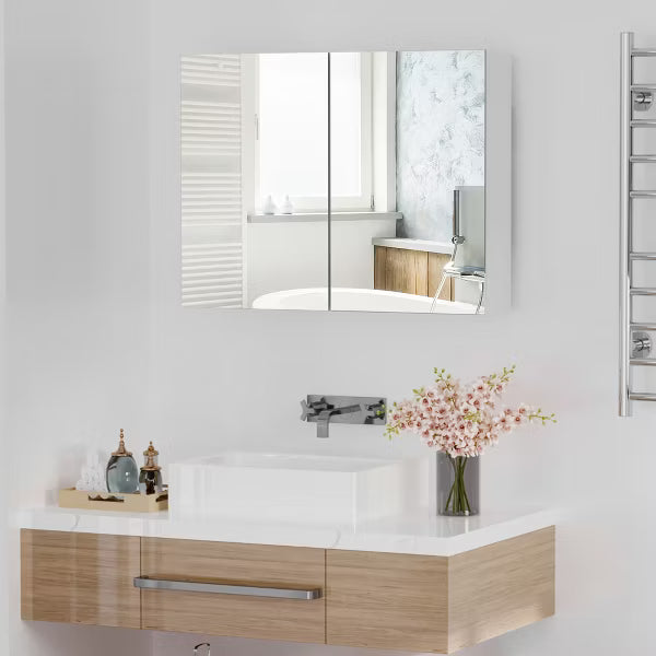 HOMCOM Double Door Wall Mounted Bathroom Mirror Medicine Cabinet with Modern Design, Large Storage, & Quiet Hinges