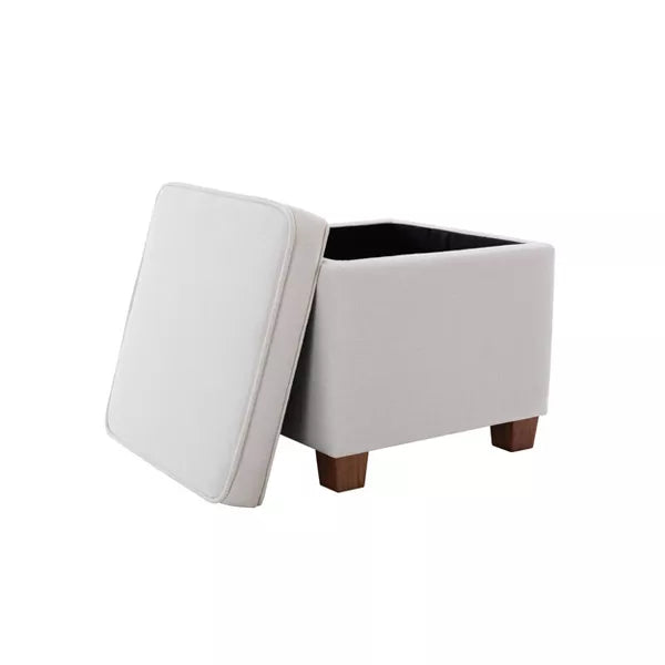 Square Storage Ottoman with Piping and Lift Off Lid - WOVENBYRD (Color Cream)