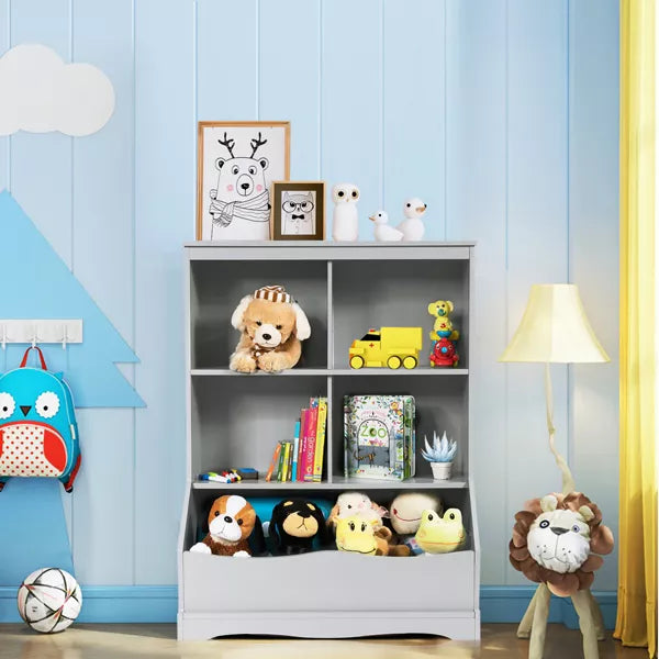 Costway 3-Tier Children's Multi-Functional Bookcase Toy Storage Bin Floor Cabinet GreyWhite