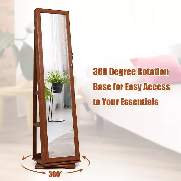 360degree Rotatable Jewelry Cabinet 2-in-1 Lockable Mirrored Organizer (brown)