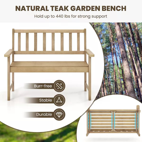 Costway Indonesia Teak Wood Garden Bench 2-Person Patio Bench with Backrest & Armrests Natural