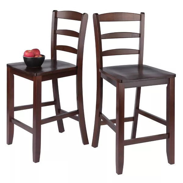 Set of 2 Ladder Back 24" Counter Height Barstool Hardwood/Walnut - Winsome: Solid Wood, Unupholstered, Antique Finish