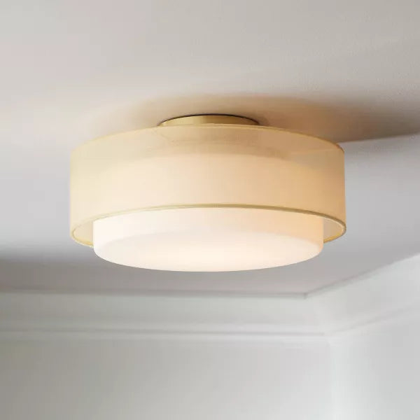 Possini Euro Design Ceiling Light Semi Flush Mount Fixture 12 1/2" Wide Plated Gold 2-Light Sheer Fabric Outer Opal White Glass Drum Shade for Bedroom