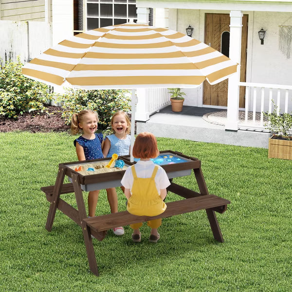 Costway 3-in-1 Kids Picnic Table Wooden Outdoor Sand & Water Table with Umbrella Play Boxes Brown