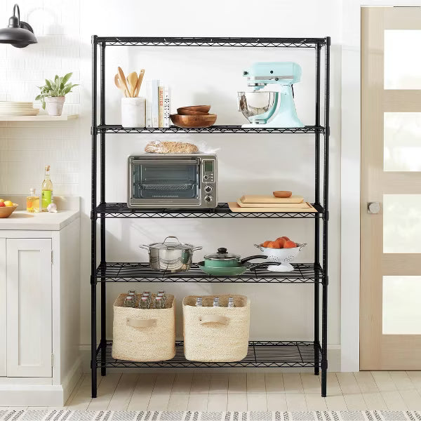 5 Tier Wide Wire Shelving Black - Brightroom™: Adjustable Metal Storage Unit, 72.63" H, 350 lb Capacity, 5 Shelves