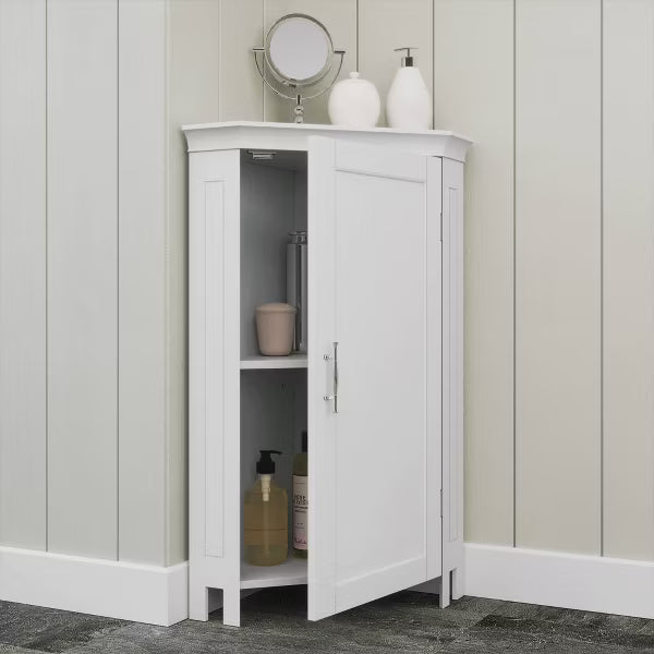 RiverRidge Somerset Corner Floor Bathroom Storage Cabinet Organizer with Doors and an Adjustable Shelf - White