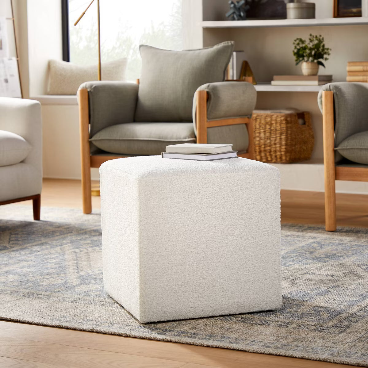 Lynwood Square Upholstered Cube Ottoman Faux Shearling Cream Boucle - Threshold™ designed with Studio McGee, Fully Assembled