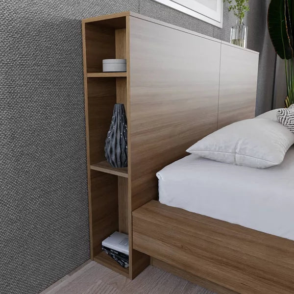 Nexera Queen Marconi Headboard Brown Oak: Engineered Wood with Side Storage Shelves