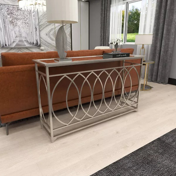 Metal and Mirror Trellis Design Front and Sides Console Table Silver - Olivia & May