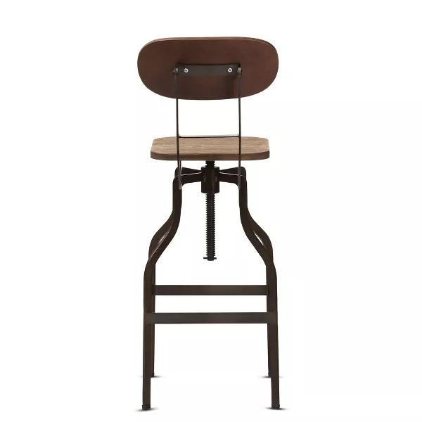 Varek Wood and Rust Finished Steel Adjustable Swivel Barstool Brown - BaxtonStudio: Modern Upholstered, Spot Clean, Metal Frame