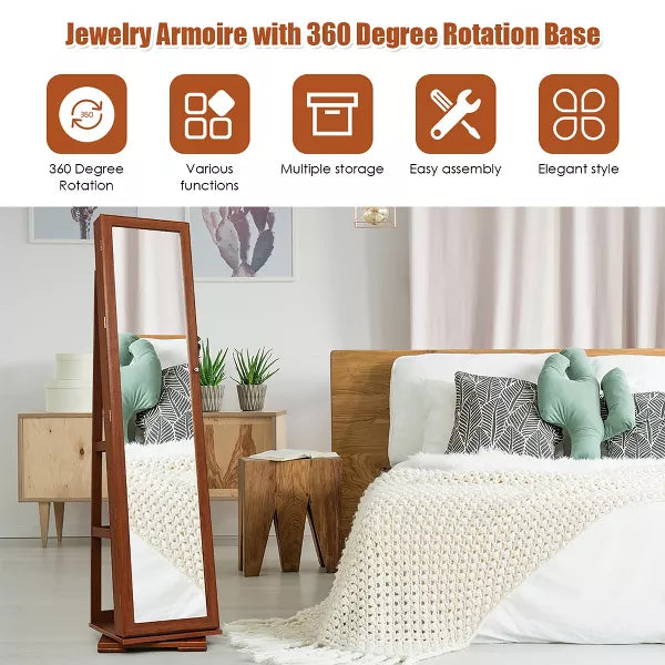 360degree Rotatable Jewelry Cabinet 2-in-1 Lockable Mirrored Organizer (brown)