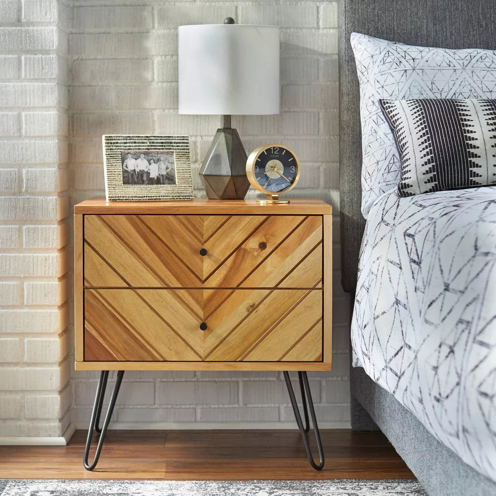 Alexandria 2 Drawer Nightstand Oak - Lifestorey: Mid-Century Modern Bedside Table, Wood Veneer Finish