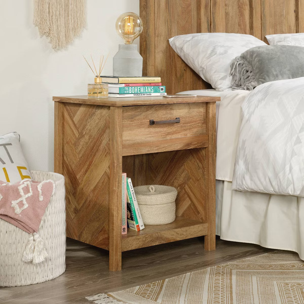Cannery Bridge Nightstand Sindoori Mango: Sauder Bedside Table with Storage, Laminated Finish, Metal Hardware