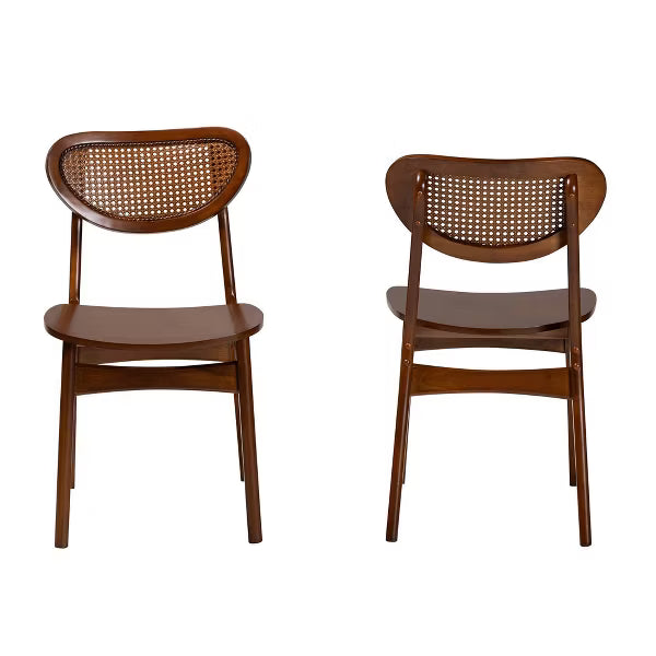 Baxton Studio 2pc Hesper Wood and Rattan Dining Chair Set Walnut Brown/Light Brown: Mid-Century, Crescent Backrest, Angled Legs