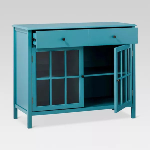 Windham 2 Door Accent Buffet, Cabinet with Shelves - Teal - Threshold™: Pine Wood, Glass Pane Doors, Storage