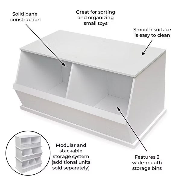Badger Basket Children S Two Bin Wood Stackable Storage Organizing Cubby 5.3 Cu Ft. - White