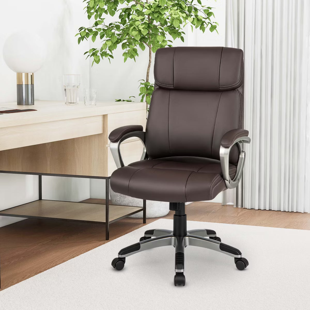 Costway Ergonomic Office Chair PU Leather Executive Swivel with Upholstered Armrests Brown