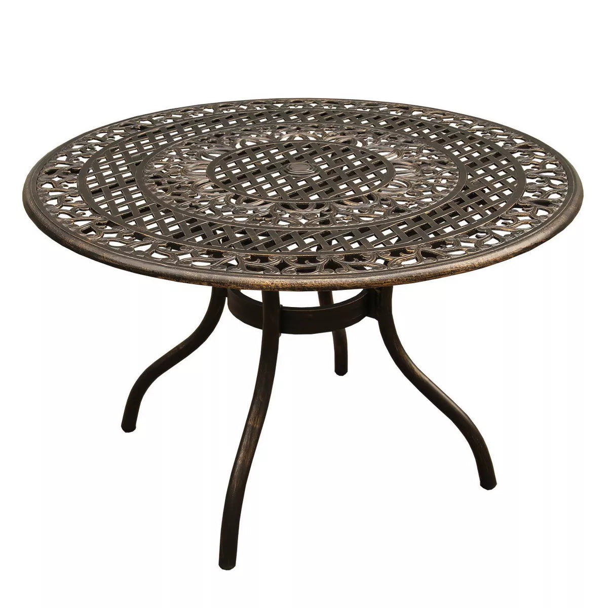 48" Round Ornate Traditional Outdoor Mesh Lattice Aluminum Dining Table - Bronze - Oakland Living: With Umbrella Hole, Weather-Resistant