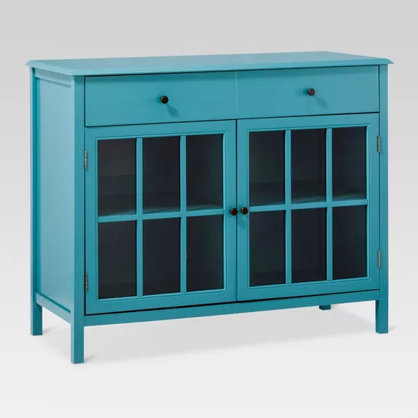 Windham 2 Door Accent Buffet, Cabinet with Shelves - Teal - Threshold™: Pine Wood, Glass Pane Doors, Storage