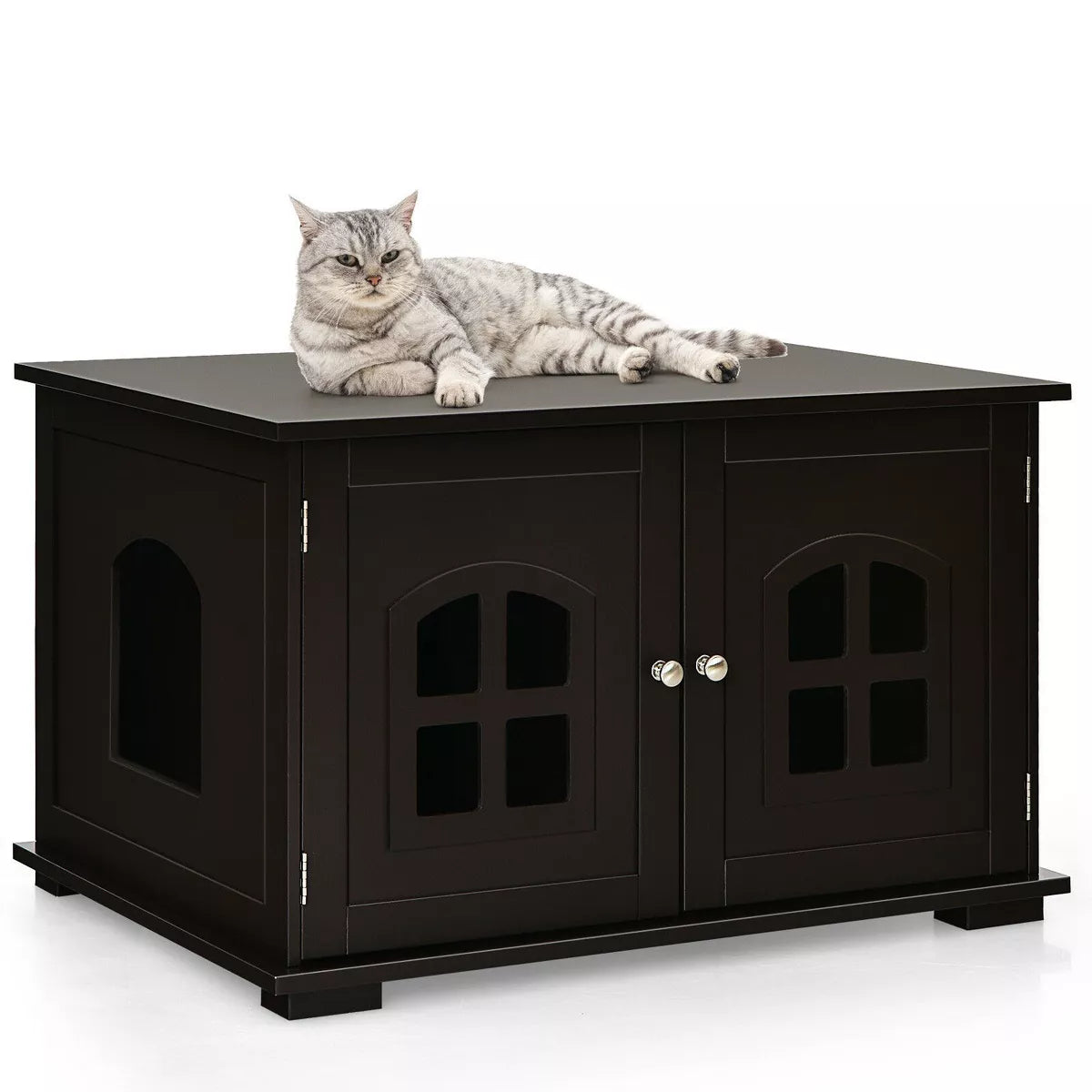 Large Wooden Cat Litter Box Enclosure Hidden Cat Washroom w/ Divider