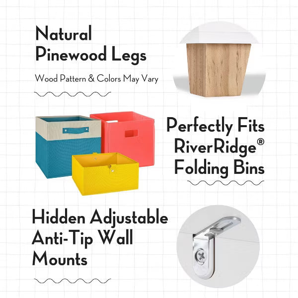 RiverRidge Kids' Catch-All Cubby Storage Organizer Bench with Toy Storage Shelves and Cushioned Seat for Reading Nook and Playroom White