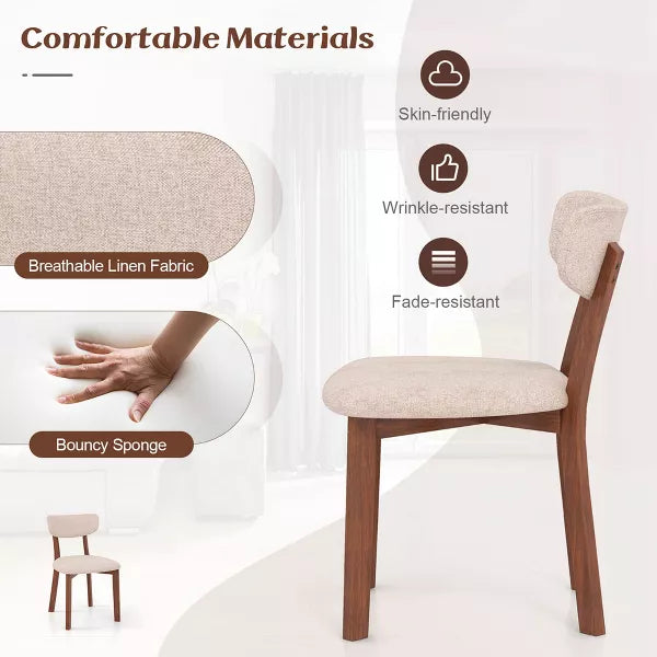 Costway 2 PCS Upholstered Dining Chairs Set of 2 with Solid Rubber Wood Frame, Curved Backrest Beige/Grey