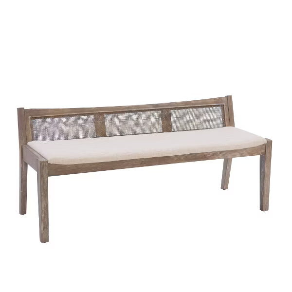 52" Bessie Solid Wood Rattan and Polyester Upholstered Bench Brown - Powell: Cane Back, Wooden Design