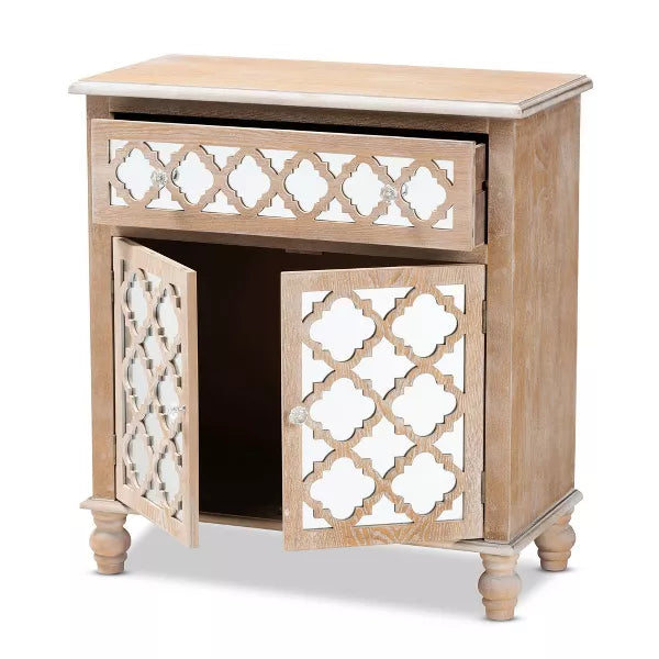 1 Drawer Leah Mirrored Storage Cabinet Whitewashed Brown - Baxton Studio: Bohemian Style, No Assembly, 10 Shelves