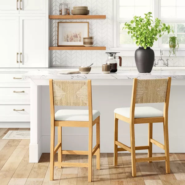 Bowman Counter Height Barstool Woven and Wood - Threshold™: Upholstered Seat, Rubberwood Legs