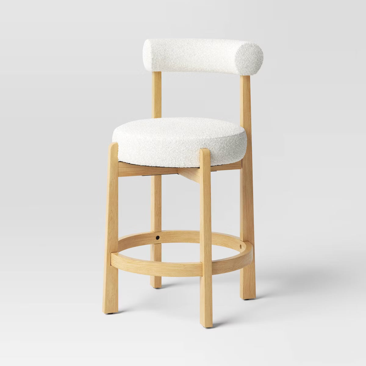 Sculptural Upholstered and Wood Boucle Counter Height Barstool Cream - Threshold™: Round, Stained, Polyurethane Foam Filled